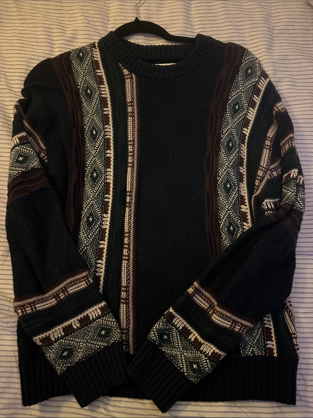 Hollister Black Crewneck Sweater with Green & Brown Patterned Stripes